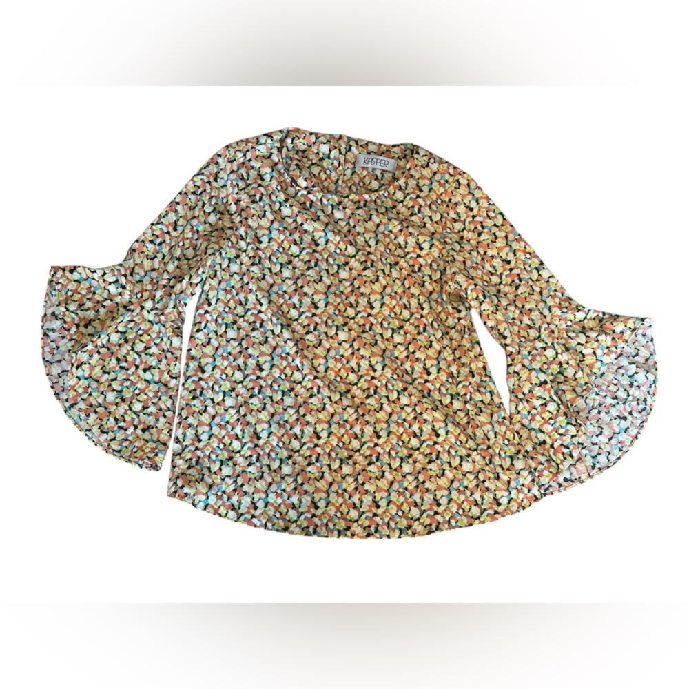 Kasper Multicolor Abstract Floral Bell Sleeve Blouse NWOT • Statement • Size S - Picture 4 of 9
